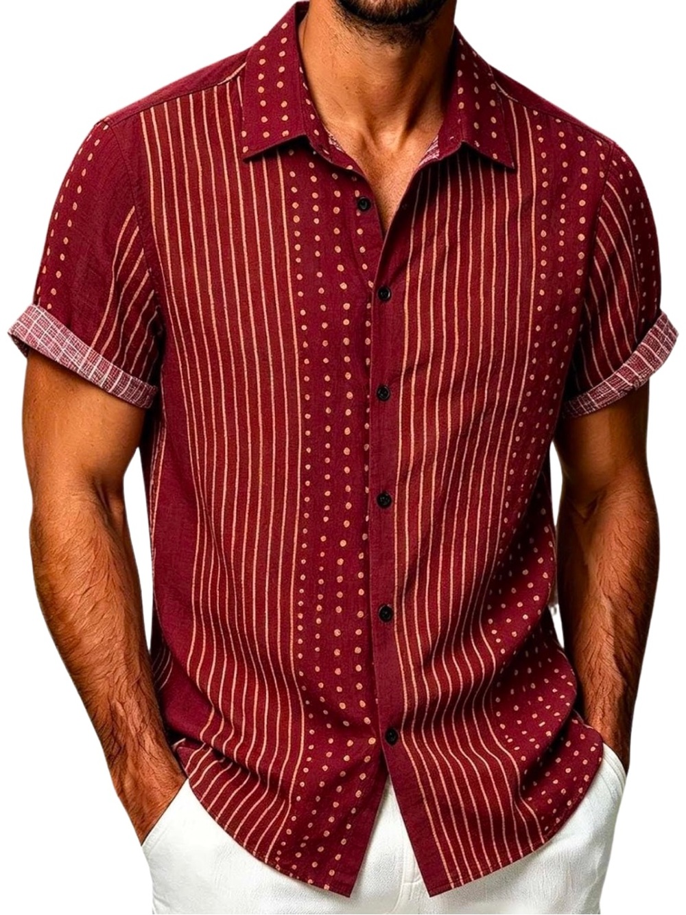 Vatpave Short Sleeve Button Down Shirt with Stripe & Dot Pattern - M - Wine Red